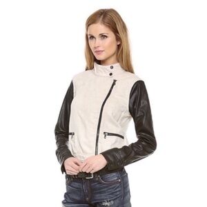 NWT Rag & Bone Linen Twill and Leather Moto Jacket Natural